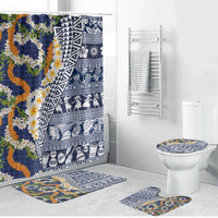 Hawaiian Plumeria Lei Bathroom Set Kakau Motifs and Palaka Half Style Blue Color - Polynesian Pride