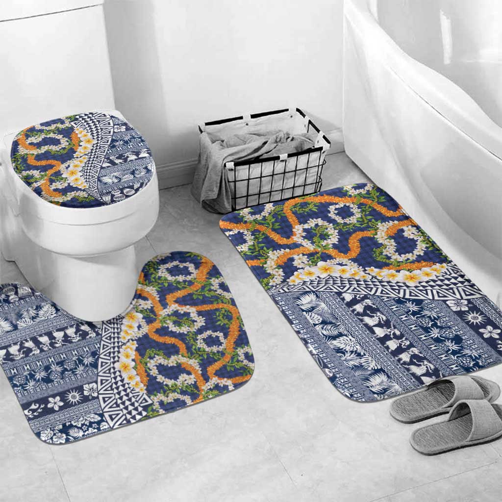 Hawaiian Plumeria Lei Bathroom Set Kakau Motifs and Palaka Half Style Blue Color - Polynesian Pride