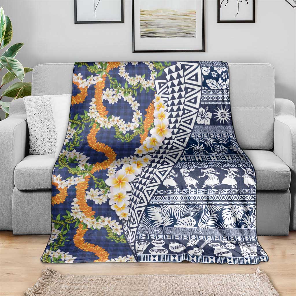 Hawaiian Plumeria Lei Blanket Kakau Motifs and Palaka Half Style Blue Color - Polynesian Pride