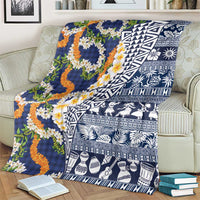 Hawaiian Plumeria Lei Blanket Kakau Motifs and Palaka Half Style Blue Color - Polynesian Pride