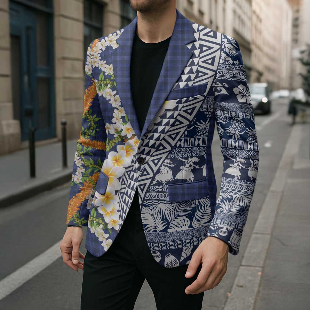 Hawaiian Plumeria Lei Blazer Kakau Motifs and Palaka Half Style Blue Color - Polynesian Pride