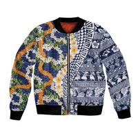 Hawaiian Plumeria Lei Bomber Jacket Kakau Motifs and Palaka Half Style Blue Color LT03 Unisex Blue - Polynesian Pride