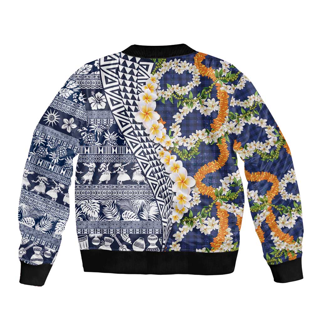 Hawaiian Plumeria Lei Bomber Jacket Kakau Motifs and Palaka Half Style Blue Color LT03 - Polynesian Pride