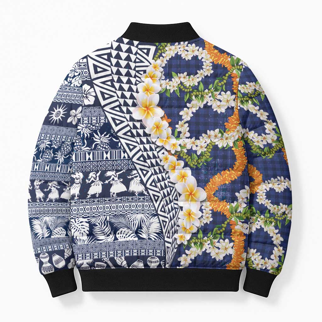 Hawaiian Plumeria Lei Bomber Puffer Jacket Kakau Motifs and Palaka Half Style Blue Color - Polynesian Pride