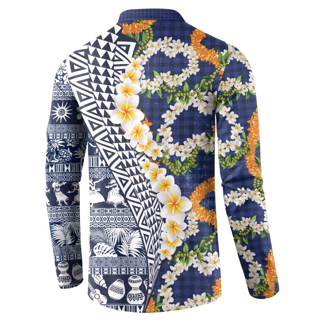 Hawaiian Plumeria Lei Button Sweatshirt Kakau Motifs and Palaka Half Style Blue Color - Polynesian Pride