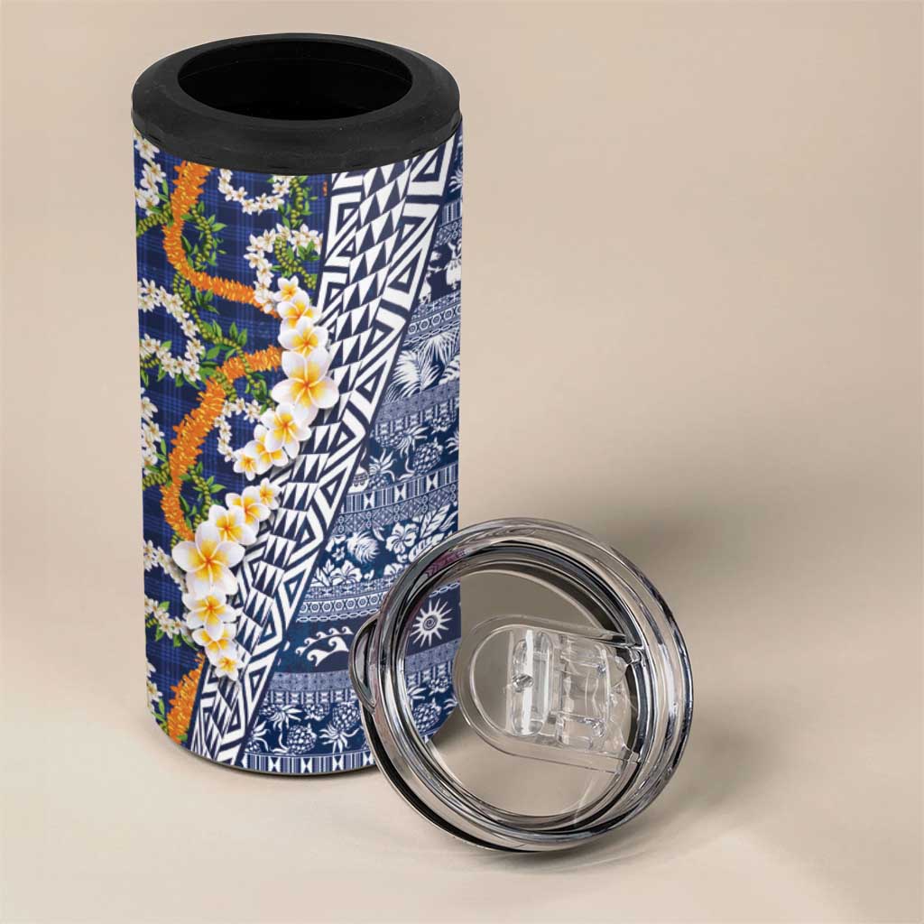 Hawaiian Plumeria Lei 4 in 1 Can Cooler Tumbler Kakau Motifs and Palaka Half Style Blue Color LT03 - Polynesian Pride
