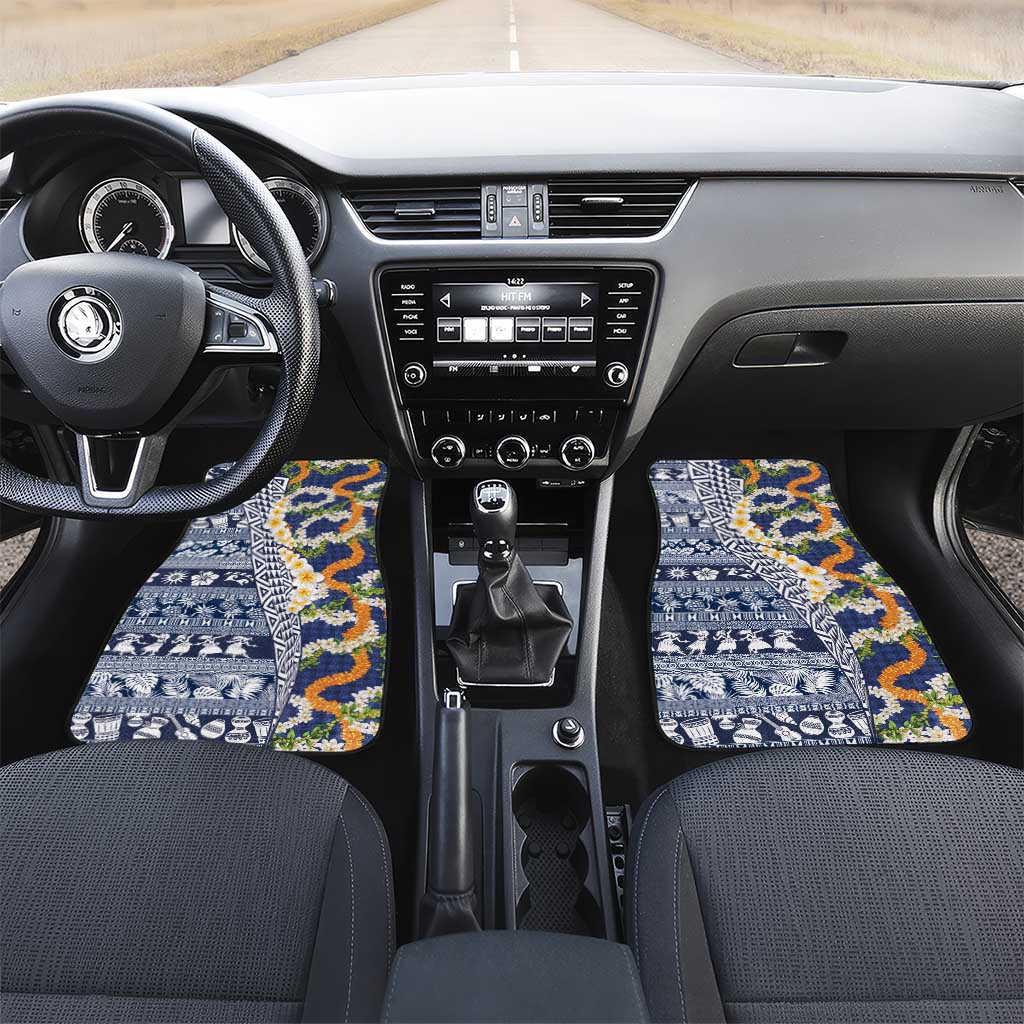 Hawaiian Plumeria Lei Car Mats Kakau Motifs and Palaka Half Style Blue Color - Polynesian Pride