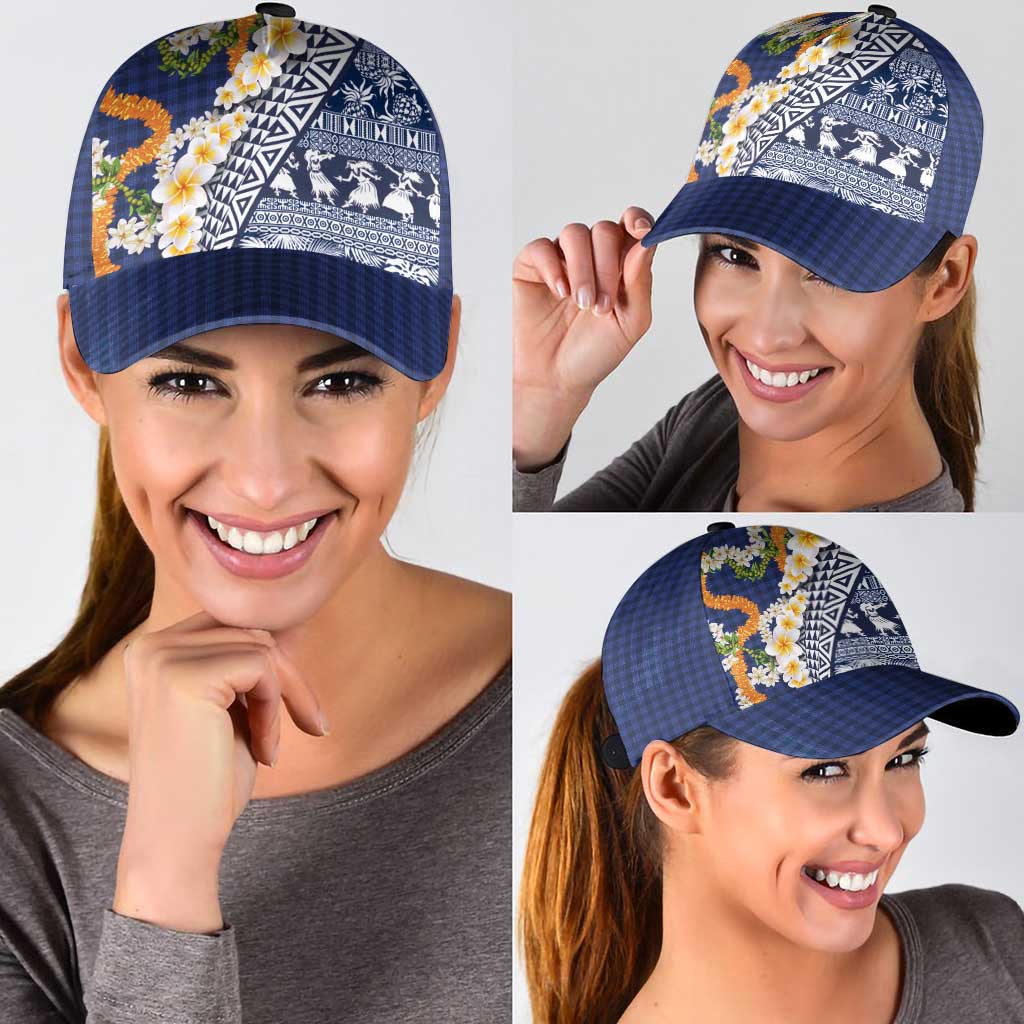 Hawaiian Plumeria Lei Classic Cap Kakau Motifs and Palaka Half Style Blue Color - Polynesian Pride