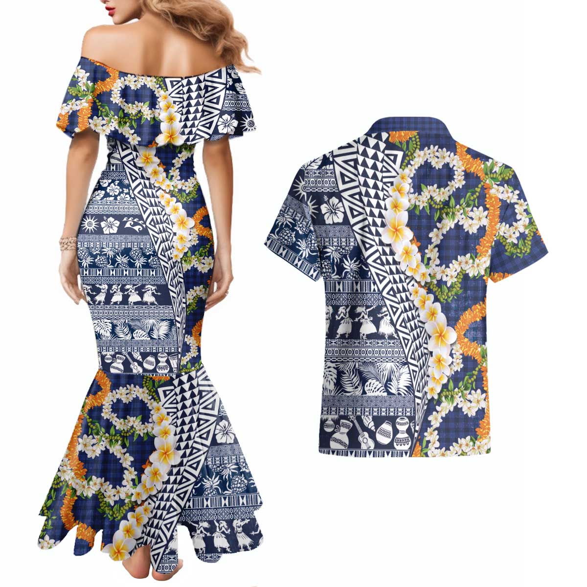 Hawaiian Plumeria Lei Couples Matching Mermaid Dress and Hawaiian Shirt Kakau Motifs and Palaka Half Style Blue Color LT03 - Polynesian Pride