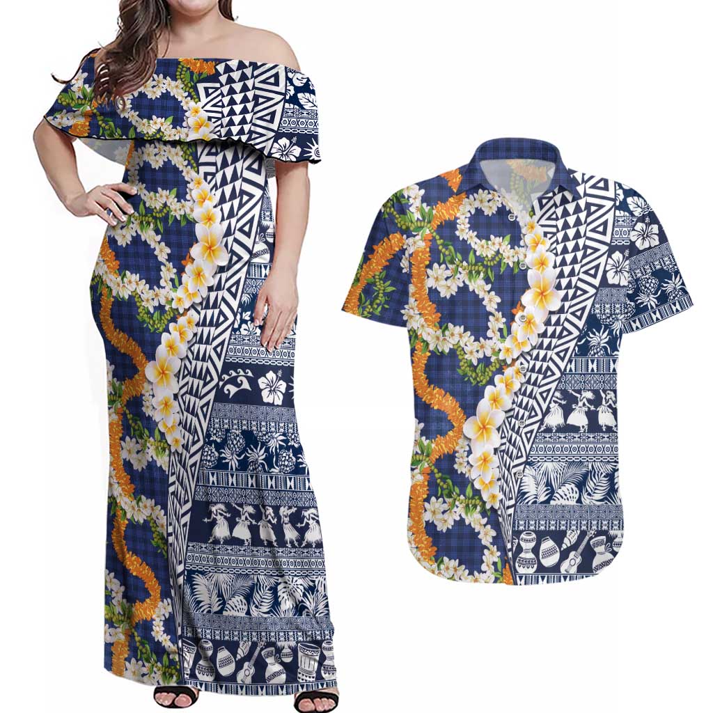 Hawaiian Plumeria Lei Couples Matching Off Shoulder Maxi Dress and Hawaiian Shirt Kakau Motifs and Palaka Half Style Blue Color LT03 Blue - Polynesian Pride