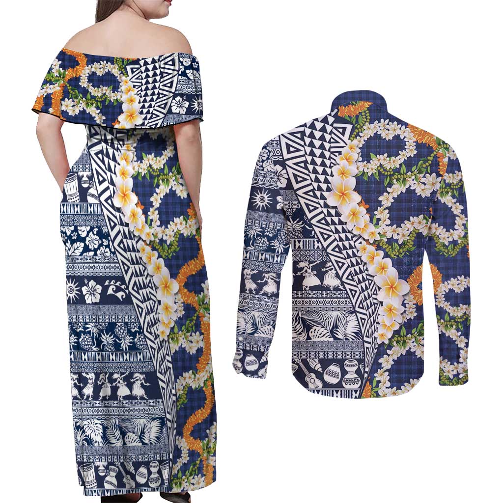 Hawaiian Plumeria Lei Couples Matching Off Shoulder Maxi Dress and Long Sleeve Button Shirt Kakau Motifs and Palaka Half Style Blue Color LT03 - Polynesian Pride