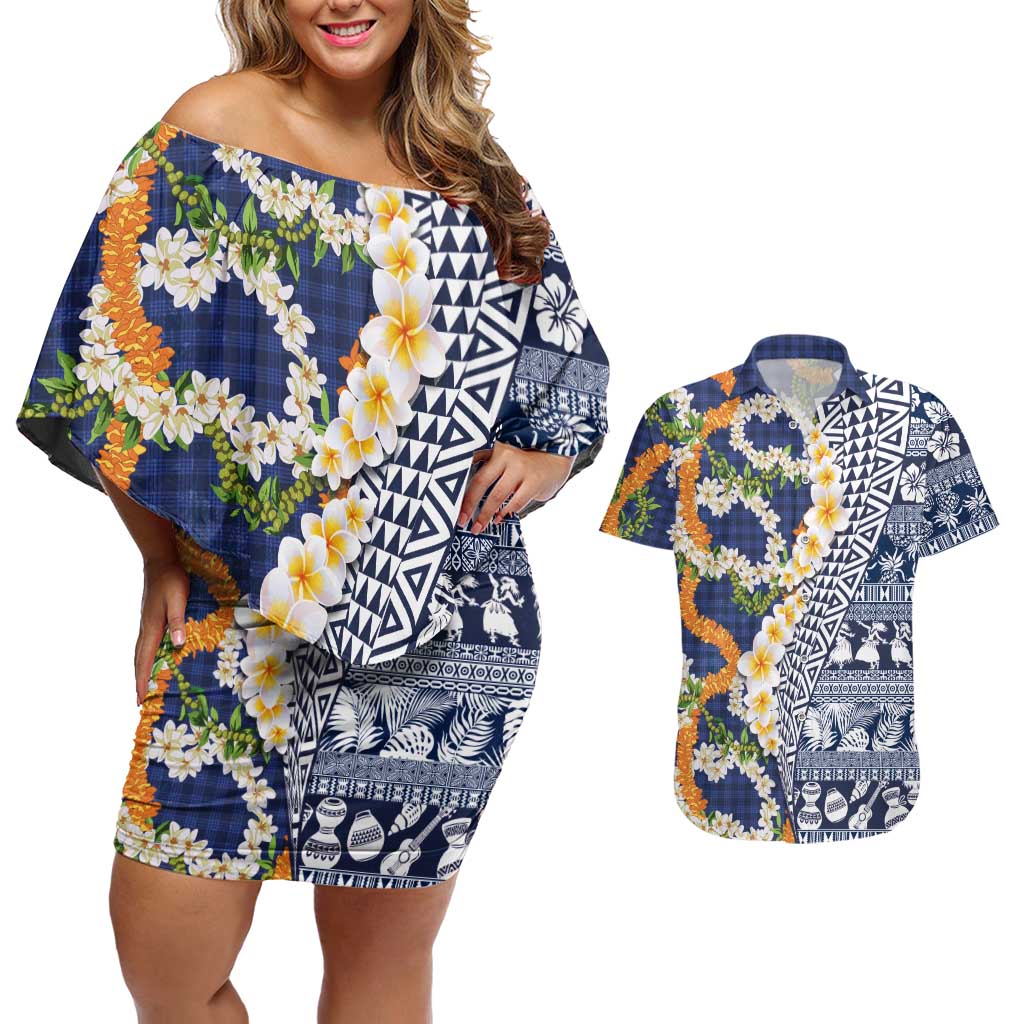 Hawaiian Plumeria Lei Couples Matching Off Shoulder Short Dress and Hawaiian Shirt Kakau Motifs and Palaka Half Style Blue Color LT03 Blue - Polynesian Pride