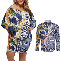 Hawaiian Plumeria Lei Couples Matching Off Shoulder Short Dress and Long Sleeve Button Shirt Kakau Motifs and Palaka Half Style Blue Color LT03 Blue - Polynesian Pride