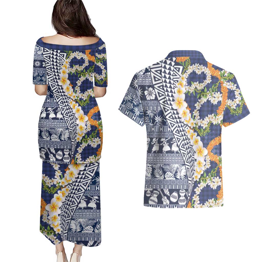 Hawaiian Plumeria Lei Couples Matching Puletasi and Hawaiian Shirt Kakau Motifs and Palaka Half Style Blue Color LT03 - Polynesian Pride