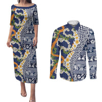 Hawaiian Plumeria Lei Couples Matching Puletasi and Long Sleeve Button Shirt Kakau Motifs and Palaka Half Style Blue Color LT03 Blue - Polynesian Pride