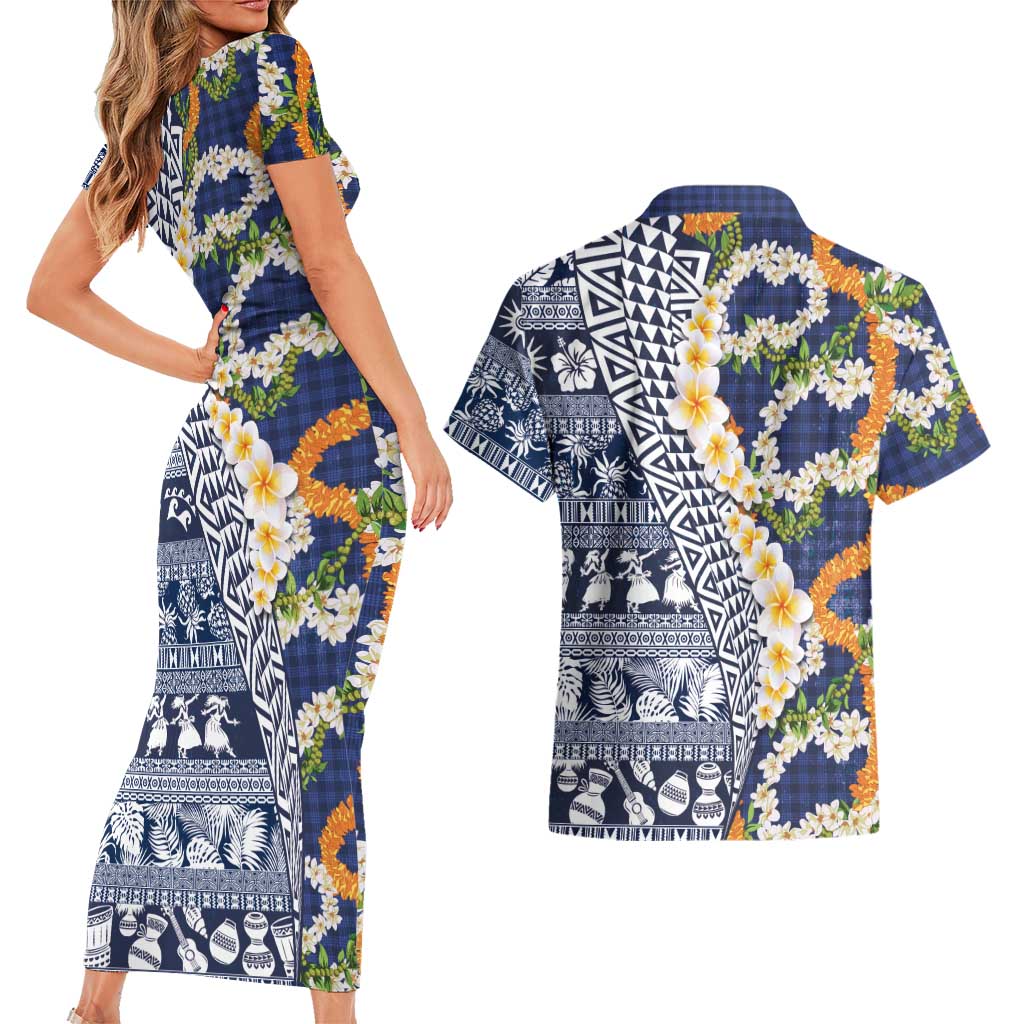 Hawaiian Plumeria Lei Couples Matching Short Sleeve Bodycon Dress and Hawaiian Shirt Kakau Motifs and Palaka Half Style Blue Color LT03 - Polynesian Pride