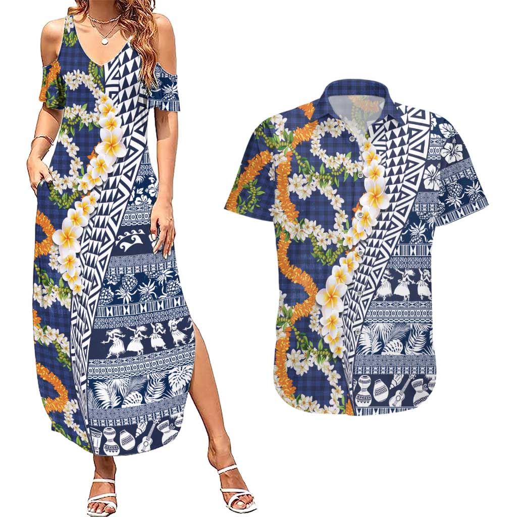 Hawaiian Plumeria Lei Couples Matching Summer Maxi Dress and Hawaiian Shirt Kakau Motifs and Palaka Half Style Blue Color LT03 Blue - Polynesian Pride