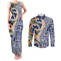 Hawaiian Plumeria Lei Couples Matching Tank Maxi Dress and Long Sleeve Button Shirt Kakau Motifs and Palaka Half Style Blue Color LT03 Blue - Polynesian Pride