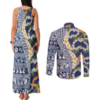 Hawaiian Plumeria Lei Couples Matching Tank Maxi Dress and Long Sleeve Button Shirt Kakau Motifs and Palaka Half Style Blue Color LT03 - Polynesian Pride