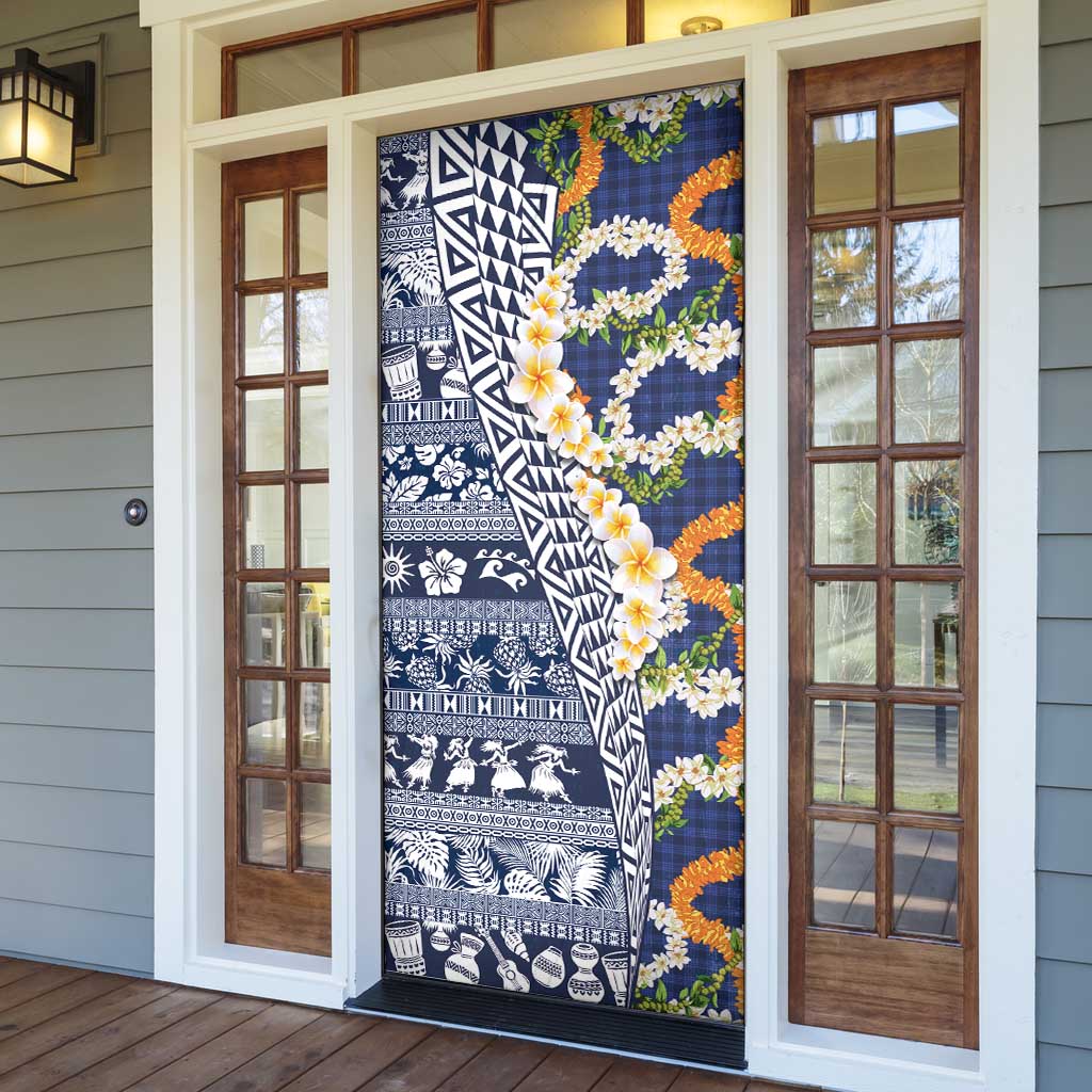 Hawaiian Plumeria Lei Door Cover Kakau Motifs and Palaka Half Style Blue Color - Polynesian Pride