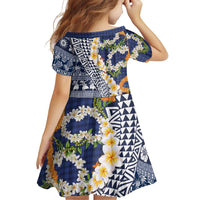 Hawaiian Plumeria Lei Family Matching Long Sleeve Bodycon Dress and Hawaiian Shirt Kakau Motifs and Palaka Half Style Blue Color LT03 - Polynesian Pride