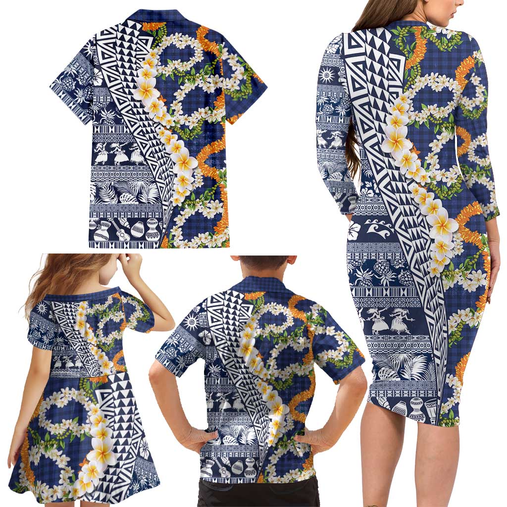 Hawaiian Plumeria Lei Family Matching Long Sleeve Bodycon Dress and Hawaiian Shirt Kakau Motifs and Palaka Half Style Blue Color LT03 - Polynesian Pride