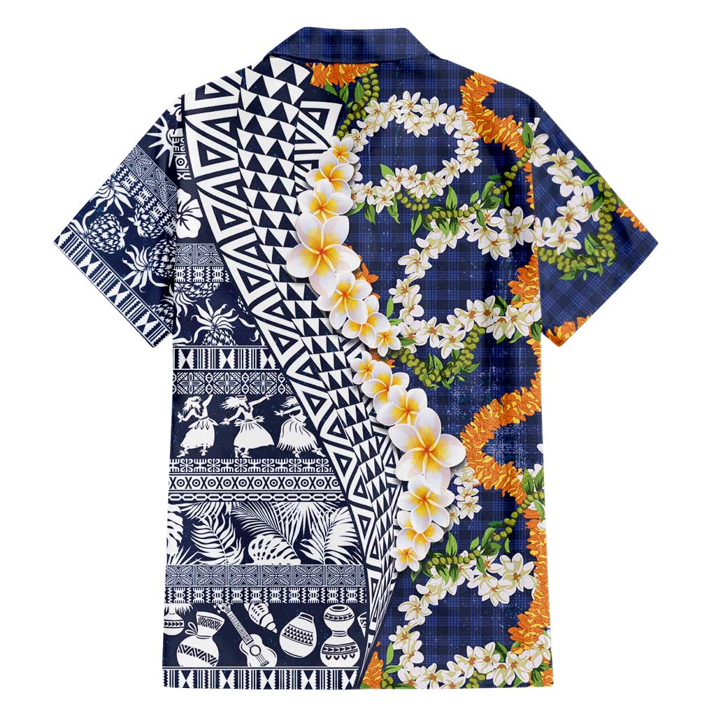Hawaiian Plumeria Lei Family Matching Long Sleeve Bodycon Dress and Hawaiian Shirt Kakau Motifs and Palaka Half Style Blue Color LT03 - Polynesian Pride