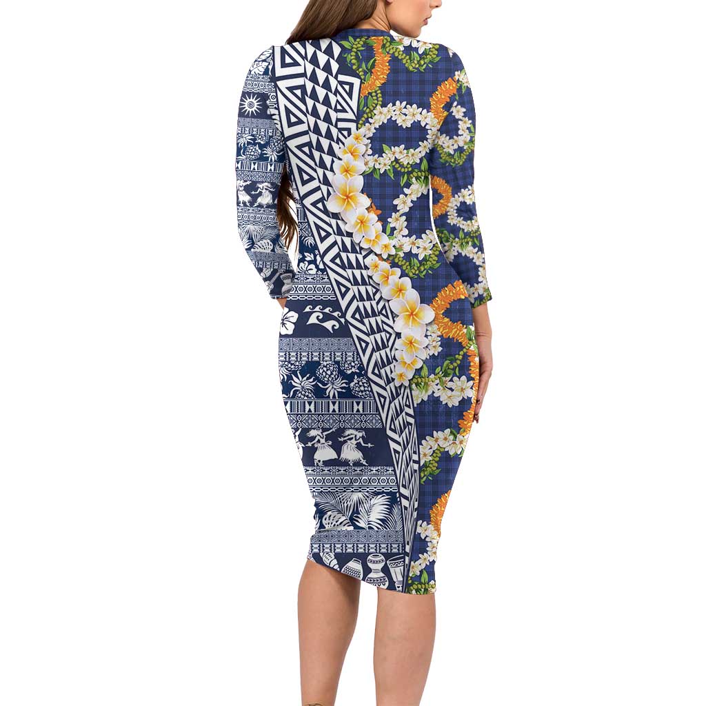Hawaiian Plumeria Lei Family Matching Long Sleeve Bodycon Dress and Hawaiian Shirt Kakau Motifs and Palaka Half Style Blue Color LT03 - Polynesian Pride