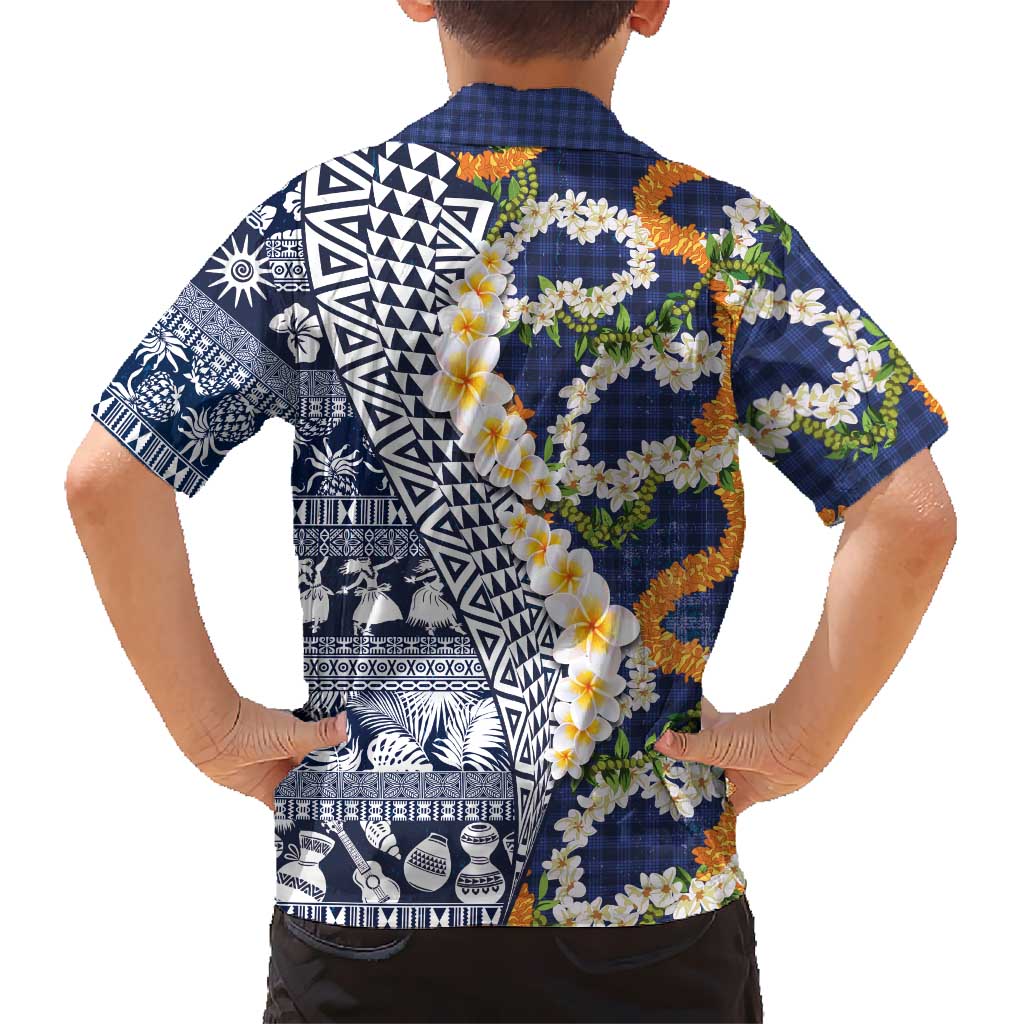Hawaiian Plumeria Lei Family Matching Mermaid Dress and Hawaiian Shirt Kakau Motifs and Palaka Half Style Blue Color LT03 - Polynesian Pride