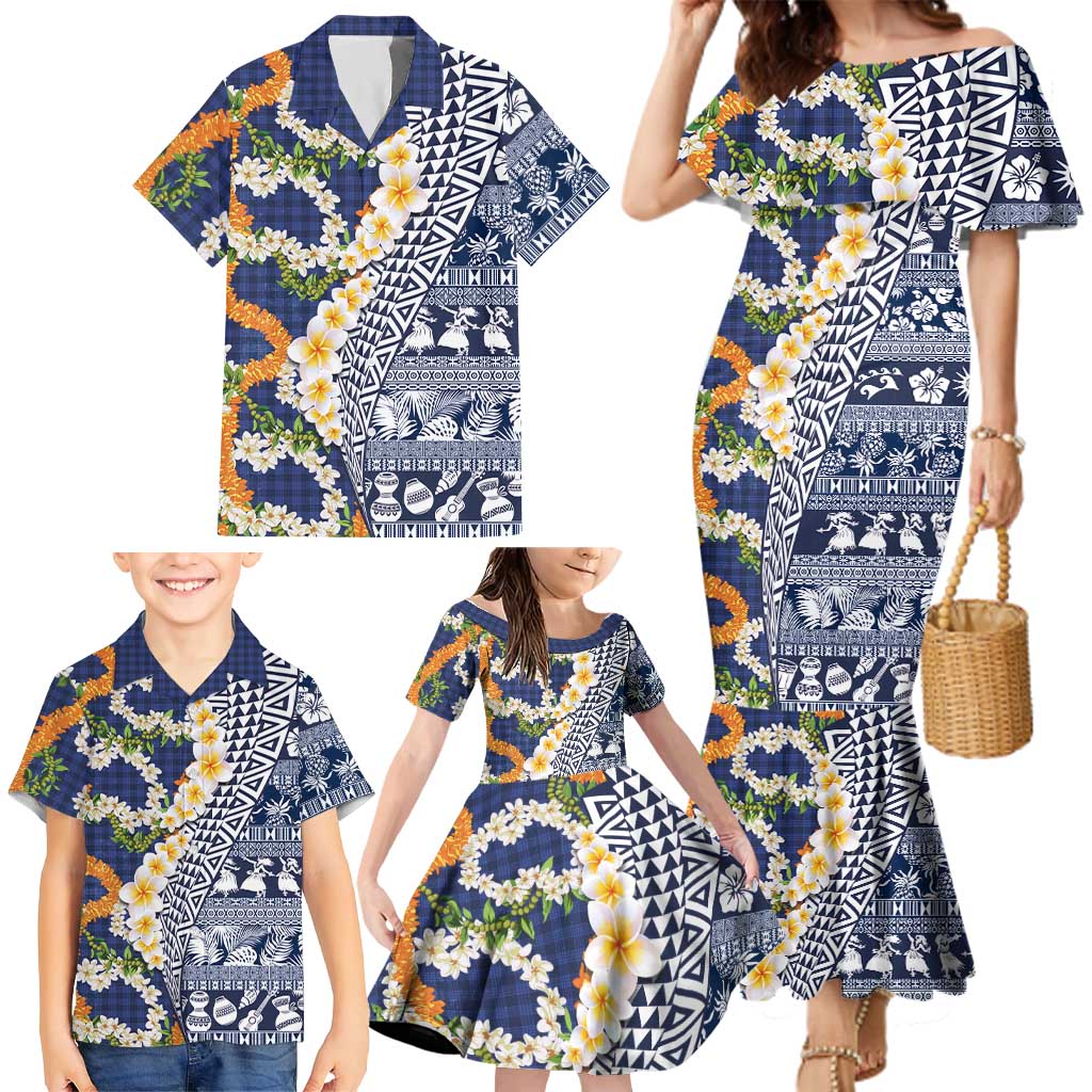 Hawaiian Plumeria Lei Family Matching Mermaid Dress and Hawaiian Shirt Kakau Motifs and Palaka Half Style Blue Color - Polynesian Pride