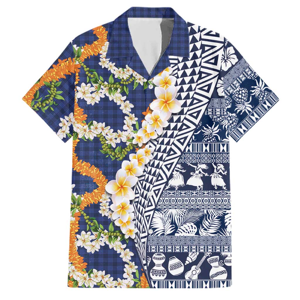 Hawaiian Plumeria Lei Family Matching Mermaid Dress and Hawaiian Shirt Kakau Motifs and Palaka Half Style Blue Color LT03 Dad's Shirt - Short Sleeve Blue - Polynesian Pride
