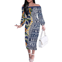 Hawaiian Plumeria Lei Family Matching Off The Shoulder Long Sleeve Dress and Hawaiian Shirt Kakau Motifs and Palaka Half Style Blue Color LT03 Mom's Dress Blue - Polynesian Pride