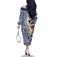 Hawaiian Plumeria Lei Family Matching Off The Shoulder Long Sleeve Dress and Hawaiian Shirt Kakau Motifs and Palaka Half Style Blue Color LT03 - Polynesian Pride