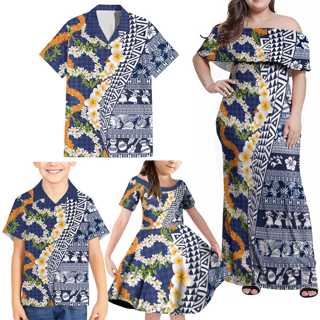 Hawaiian Plumeria Lei Family Matching Off Shoulder Maxi Dress and Hawaiian Shirt Kakau Motifs and Palaka Half Style Blue Color LT03 - Polynesian Pride