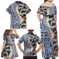 Hawaiian Plumeria Lei Family Matching Off Shoulder Maxi Dress and Hawaiian Shirt Kakau Motifs and Palaka Half Style Blue Color LT03 - Polynesian Pride