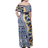 Hawaiian Plumeria Lei Family Matching Off Shoulder Maxi Dress and Hawaiian Shirt Kakau Motifs and Palaka Half Style Blue Color LT03 - Polynesian Pride