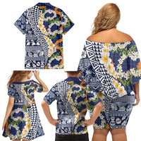 Hawaiian Plumeria Lei Family Matching Off Shoulder Short Dress and Hawaiian Shirt Kakau Motifs and Palaka Half Style Blue Color LT03 - Polynesian Pride