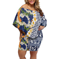 Hawaiian Plumeria Lei Family Matching Off Shoulder Short Dress and Hawaiian Shirt Kakau Motifs and Palaka Half Style Blue Color LT03 Mom's Dress Blue - Polynesian Pride