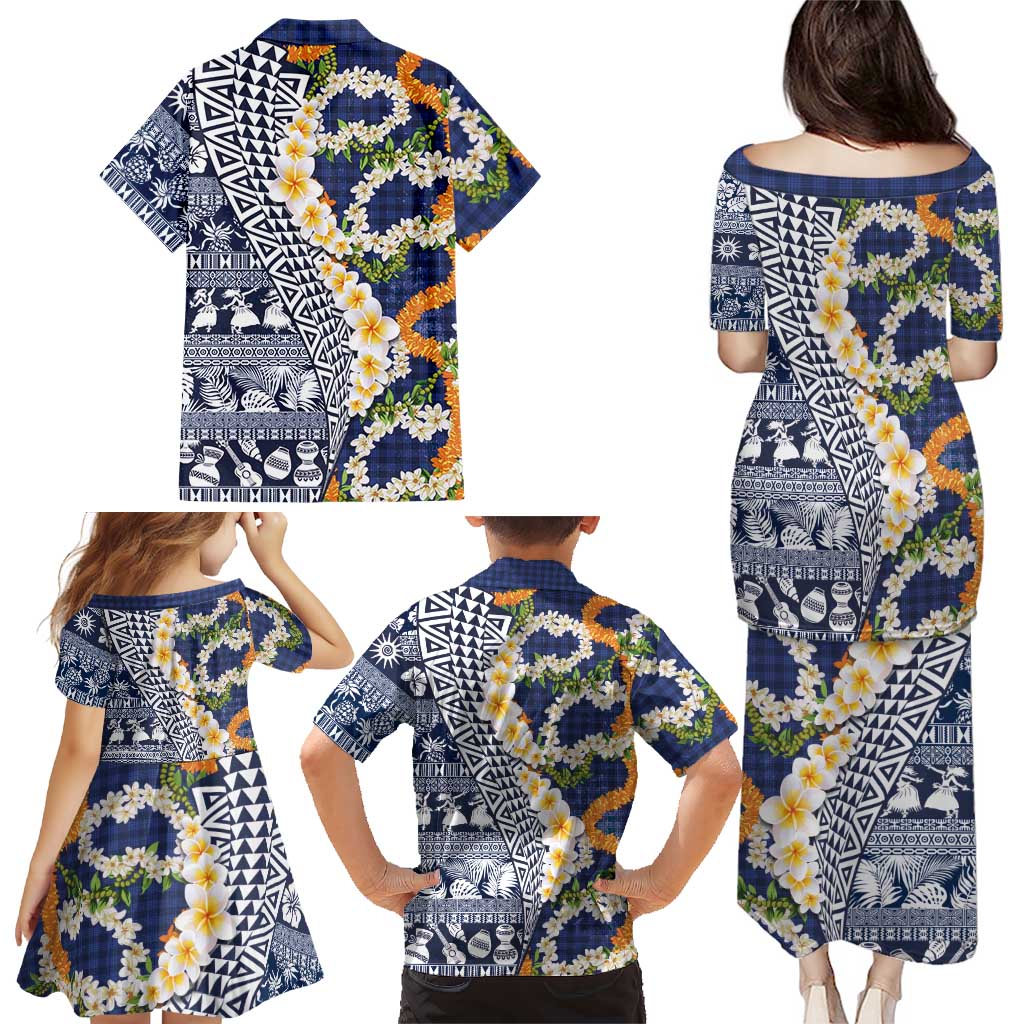 Hawaiian Plumeria Lei Family Matching Puletasi and Hawaiian Shirt Kakau Motifs and Palaka Half Style Blue Color LT03 - Polynesian Pride
