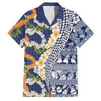 Hawaiian Plumeria Lei Family Matching Puletasi and Hawaiian Shirt Kakau Motifs and Palaka Half Style Blue Color LT03 Dad's Shirt - Short Sleeve Blue - Polynesian Pride