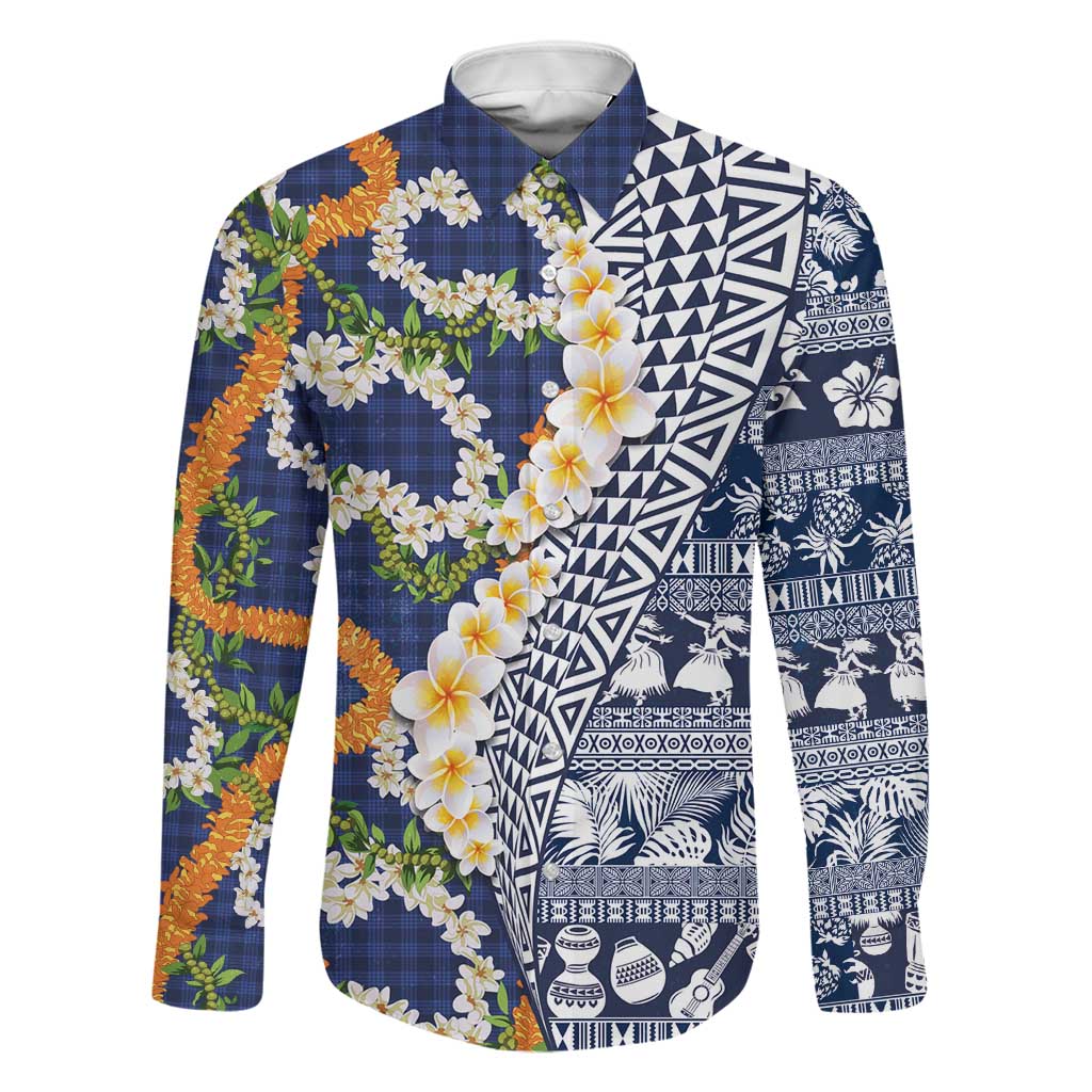 Hawaiian Plumeria Lei Family Matching Puletasi and Hawaiian Shirt Kakau Motifs and Palaka Half Style Blue Color LT03 Dad's Shirt - Long Sleeve Blue - Polynesian Pride