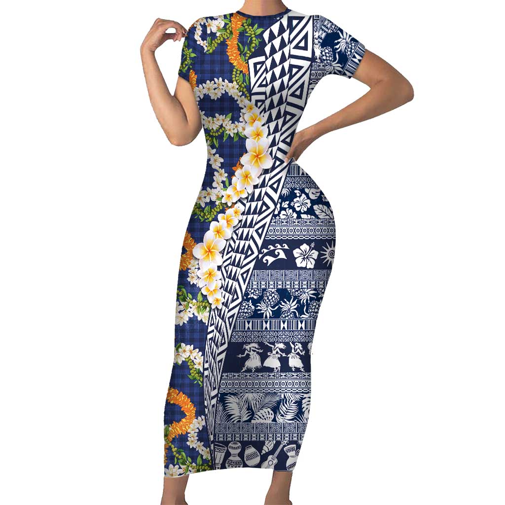 Hawaiian Plumeria Lei Family Matching Short Sleeve Bodycon Dress and Hawaiian Shirt Kakau Motifs and Palaka Half Style Blue Color LT03 Mom's Dress Blue - Polynesian Pride