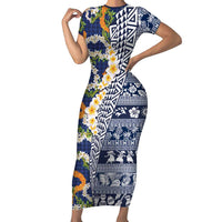 Hawaiian Plumeria Lei Family Matching Short Sleeve Bodycon Dress and Hawaiian Shirt Kakau Motifs and Palaka Half Style Blue Color LT03 Mom's Dress Blue - Polynesian Pride