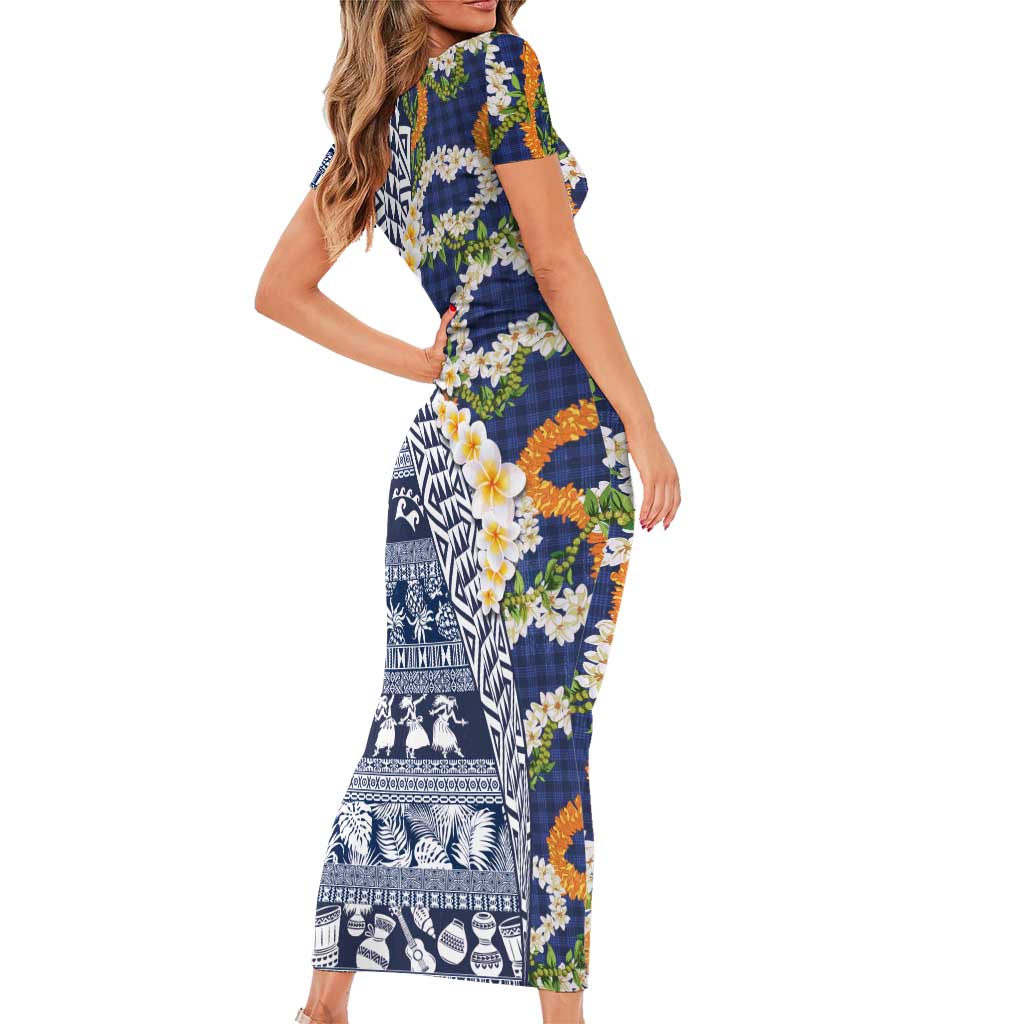 Hawaiian Plumeria Lei Family Matching Short Sleeve Bodycon Dress and Hawaiian Shirt Kakau Motifs and Palaka Half Style Blue Color LT03 - Polynesian Pride