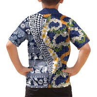 Hawaiian Plumeria Lei Family Matching Summer Maxi Dress and Hawaiian Shirt Kakau Motifs and Palaka Half Style Blue Color LT03 - Polynesian Pride