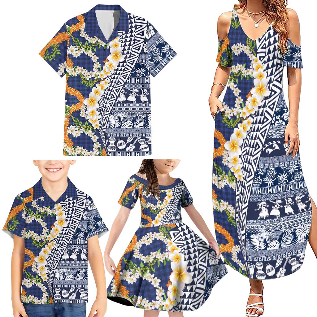 Hawaiian Plumeria Lei Family Matching Summer Maxi Dress and Hawaiian Shirt Kakau Motifs and Palaka Half Style Blue Color LT03 - Polynesian Pride