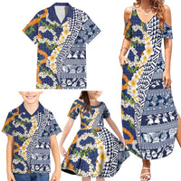 Hawaiian Plumeria Lei Family Matching Summer Maxi Dress and Hawaiian Shirt Kakau Motifs and Palaka Half Style Blue Color LT03 - Polynesian Pride