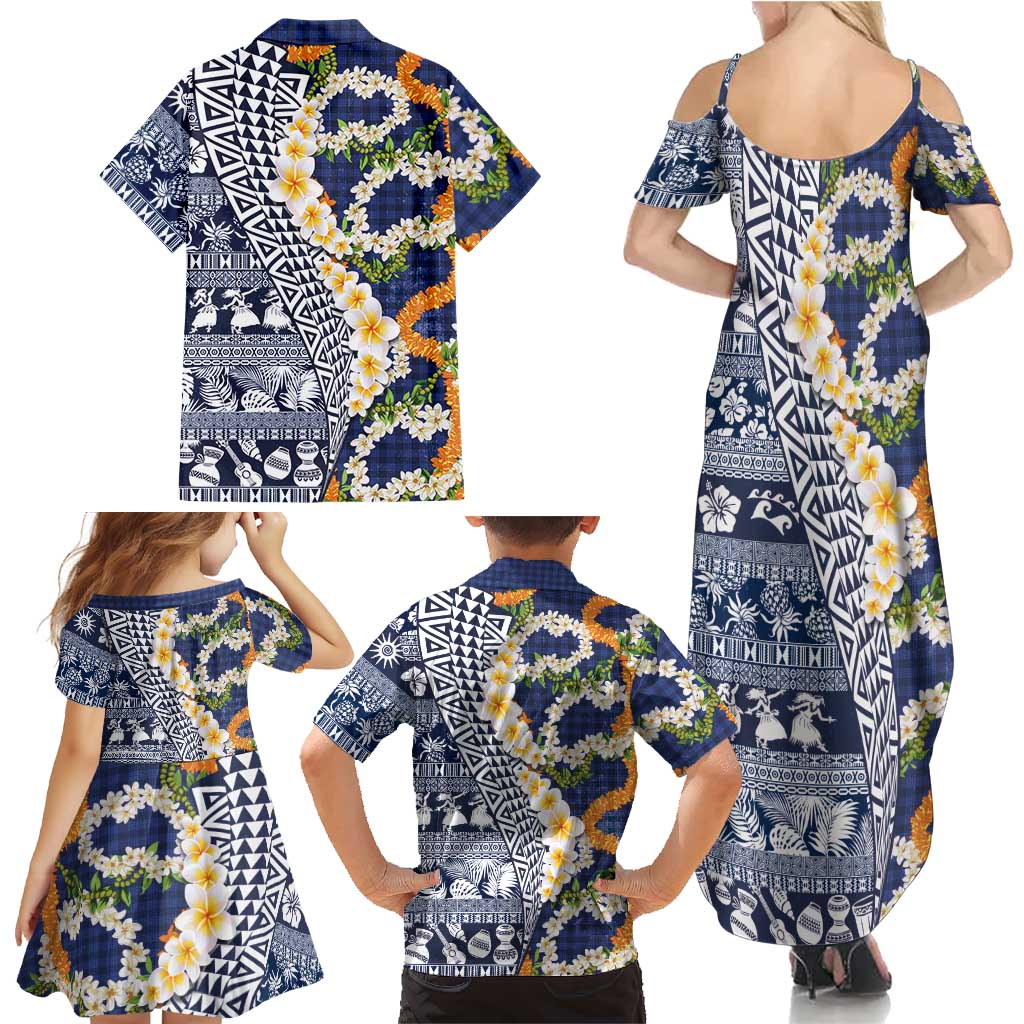 Hawaiian Plumeria Lei Family Matching Summer Maxi Dress and Hawaiian Shirt Kakau Motifs and Palaka Half Style Blue Color LT03 - Polynesian Pride