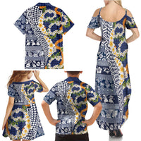 Hawaiian Plumeria Lei Family Matching Summer Maxi Dress and Hawaiian Shirt Kakau Motifs and Palaka Half Style Blue Color LT03 - Polynesian Pride