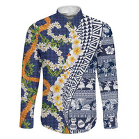 Hawaiian Plumeria Lei Family Matching Summer Maxi Dress and Hawaiian Shirt Kakau Motifs and Palaka Half Style Blue Color LT03 Dad's Shirt - Long Sleeve Blue - Polynesian Pride